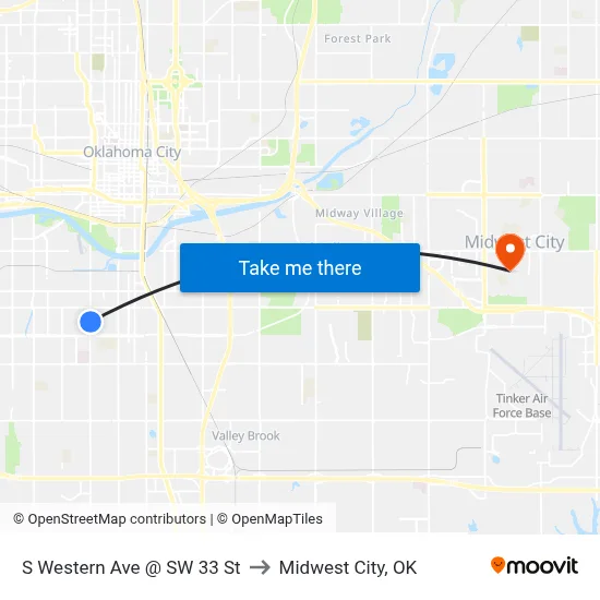 S Western Ave @ SW 33 St to Midwest City, OK map