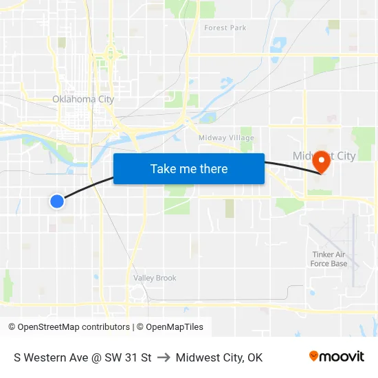S Western Ave @ SW 31 St to Midwest City, OK map