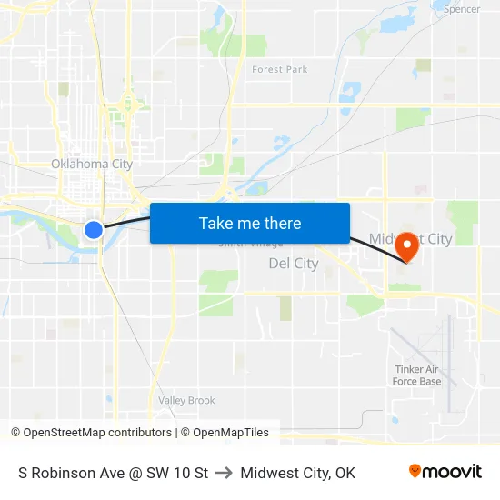 S Robinson Ave @ SW 10 St to Midwest City, OK map