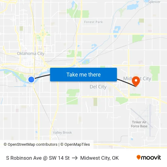 S Robinson Ave @ SW 14 St to Midwest City, OK map