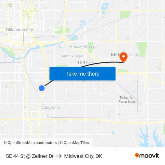 SE 44 St @ Zellner Dr to Midwest City, OK map