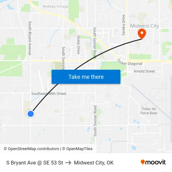 S Bryant Ave @ SE 53 St to Midwest City, OK map