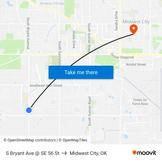 S Bryant Ave @ SE 56 St to Midwest City, OK map