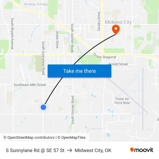 S Sunnylane Rd @ SE 57 St to Midwest City, OK map