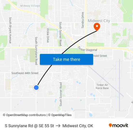 S Sunnylane Rd @ SE 55 St to Midwest City, OK map