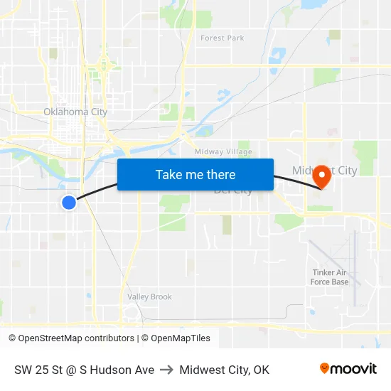 SW 25 St @ S Hudson Ave to Midwest City, OK map