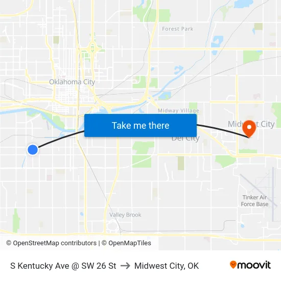 S Kentucky Ave @ SW 26 St to Midwest City, OK map