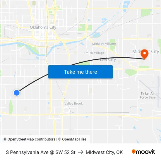 S Pennsylvania Ave @ SW 52 St to Midwest City, OK map