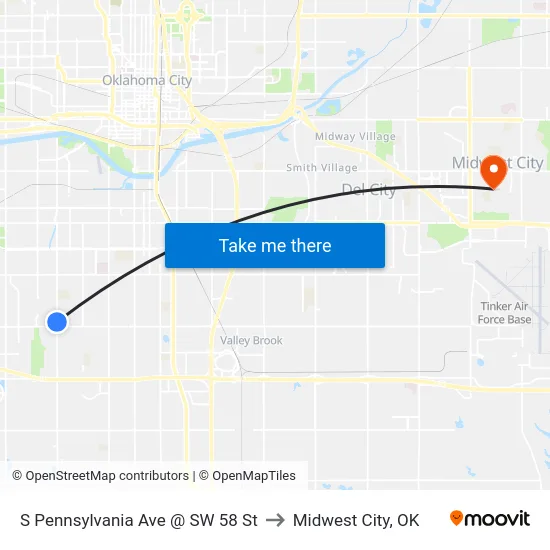 S Pennsylvania Ave @ SW 58 St to Midwest City, OK map