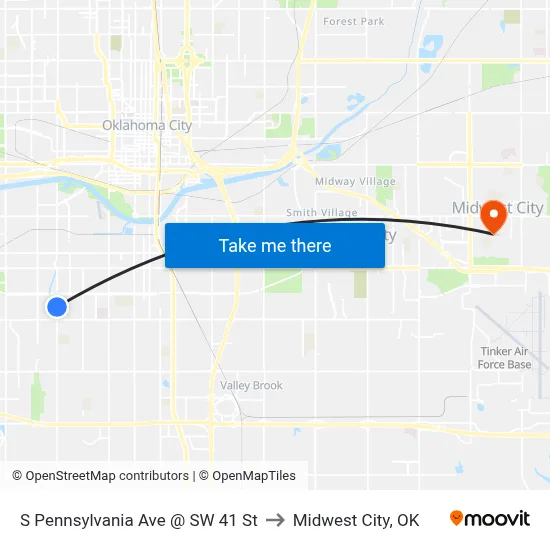 S Pennsylvania Ave @ SW 41 St to Midwest City, OK map