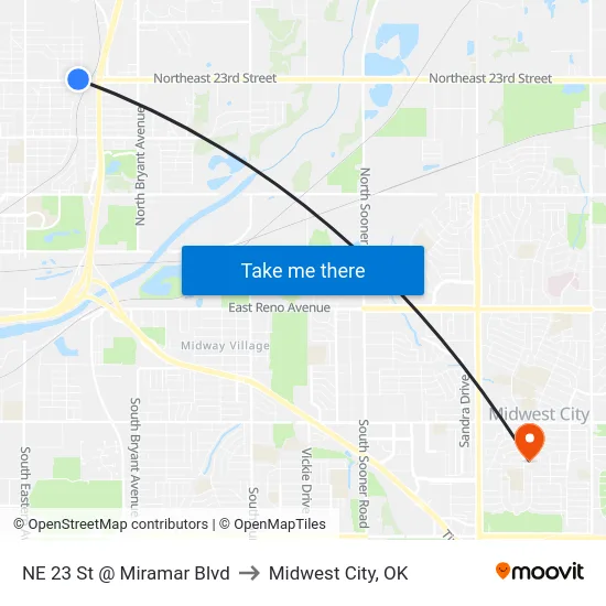 NE 23 St @ Miramar Blvd to Midwest City, OK map