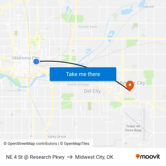 NE 4 St @ Research Pkwy to Midwest City, OK map