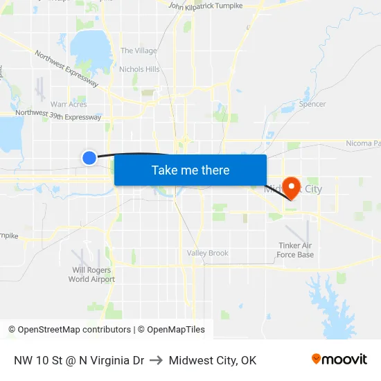 NW 10 St @ N Virginia Dr to Midwest City, OK map