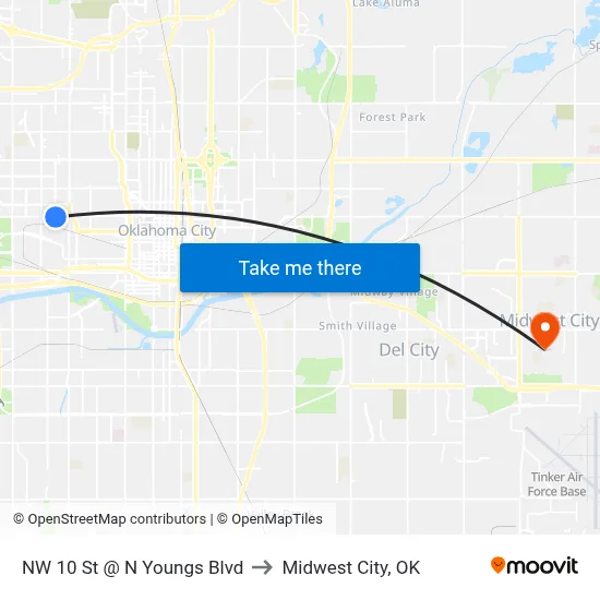 NW 10 St @ N Youngs Blvd to Midwest City, OK map