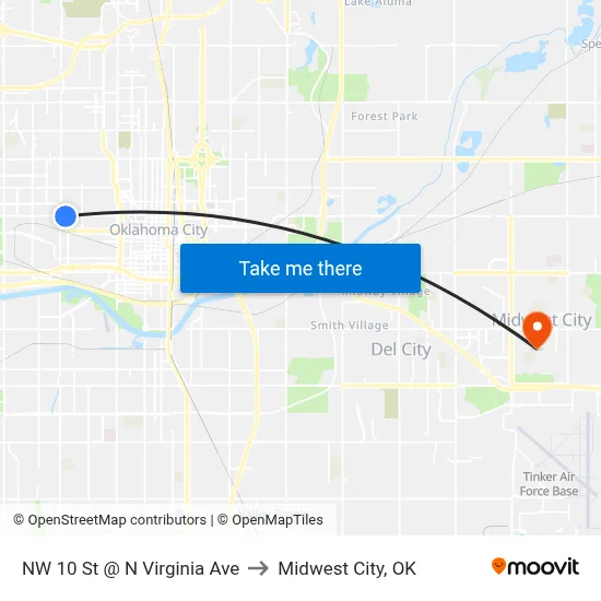 NW 10 St @ N Virginia Ave to Midwest City, OK map