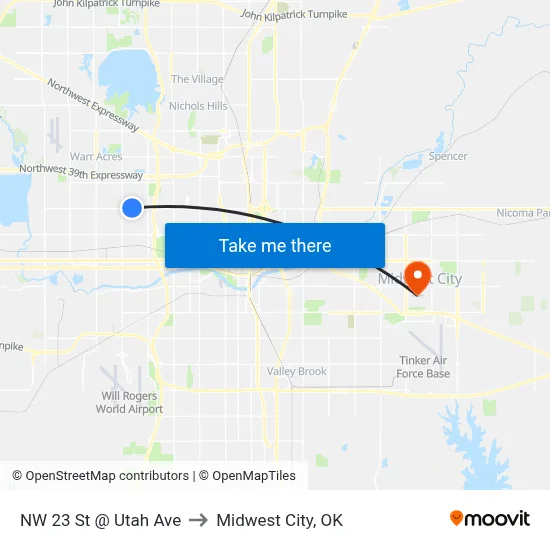 NW 23 St @ Utah Ave to Midwest City, OK map