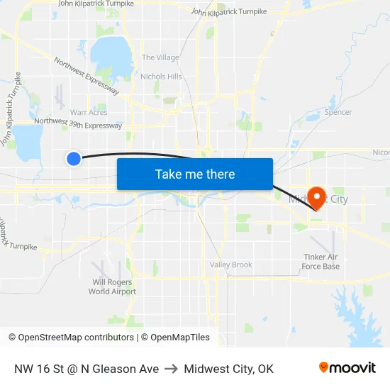 NW 16 St @ N Gleason Ave to Midwest City, OK map