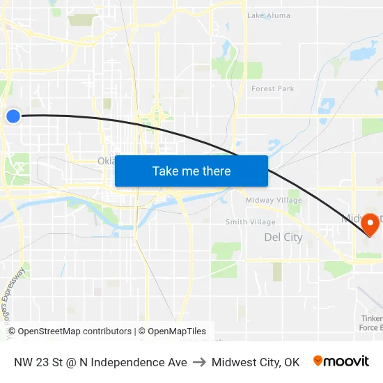 NW 23 St @ N Independence Ave to Midwest City, OK map