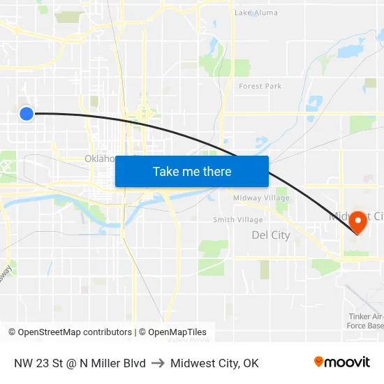 NW 23 St @ N Miller Blvd to Midwest City, OK map