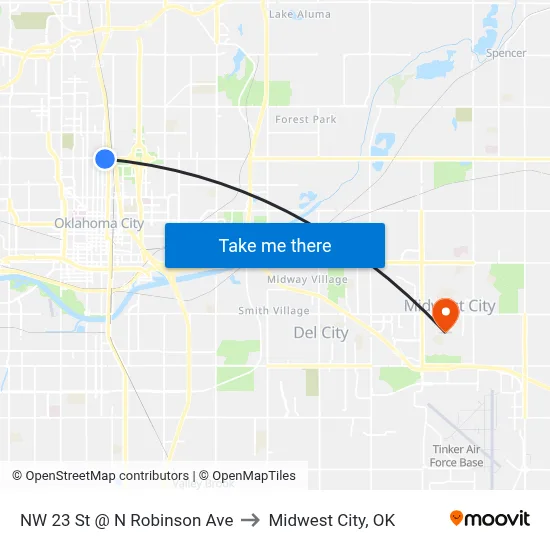 NW 23 St @ N Robinson Ave to Midwest City, OK map