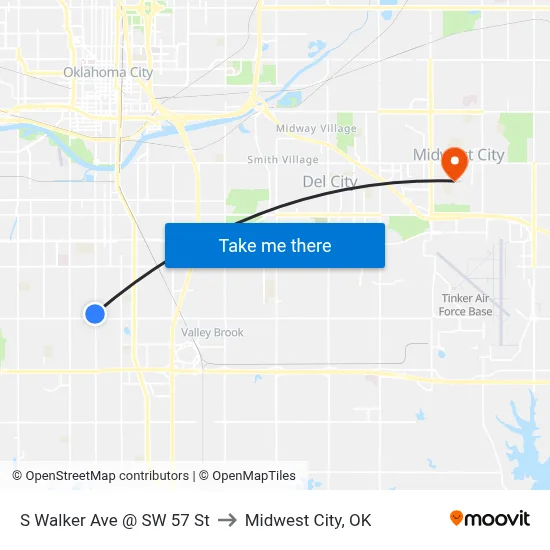 S Walker Ave @ SW 57 St to Midwest City, OK map