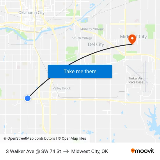 S Walker Ave @ SW 74 St to Midwest City, OK map