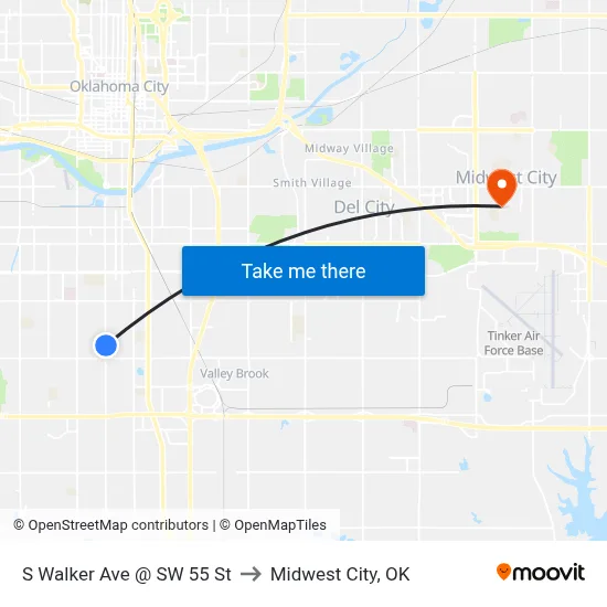 S Walker Ave @ SW 55 St to Midwest City, OK map