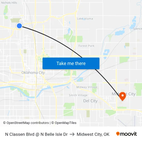 N Classen Blvd @ N Belle Isle Dr to Midwest City, OK map