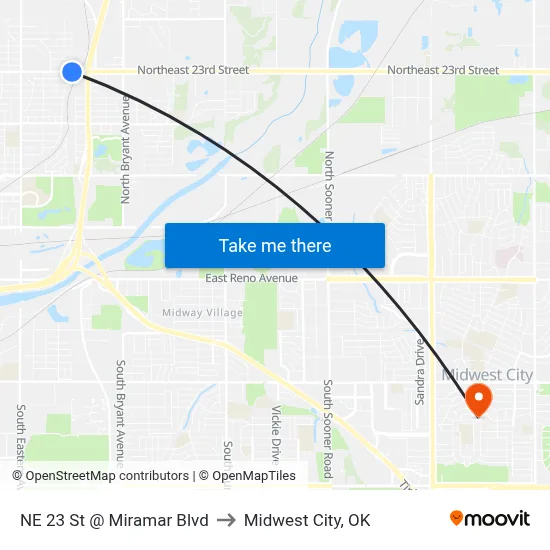 NE 23 St @ Miramar Blvd to Midwest City, OK map