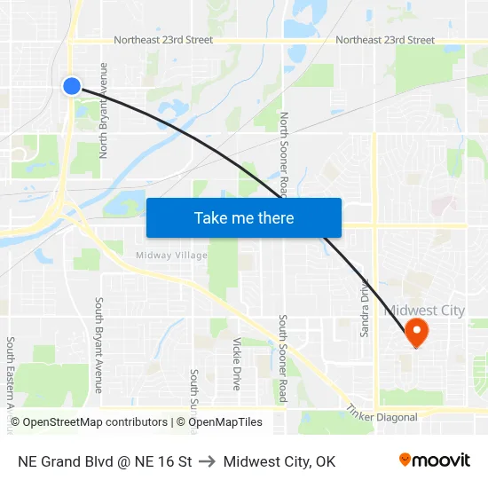 NE Grand Blvd @ NE 16 St to Midwest City, OK map