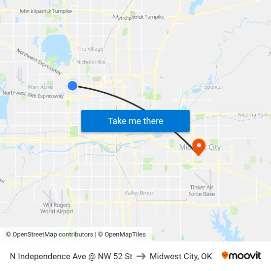N Independence Ave @ NW 52 St to Midwest City, OK map