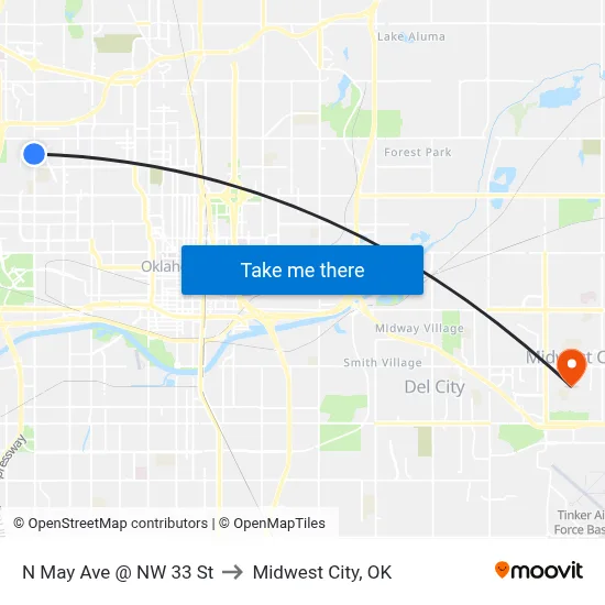 N May Ave @ NW 33 St to Midwest City, OK map