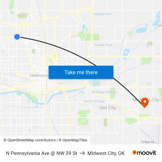 N Pennsylvania Ave @ NW 39 St to Midwest City, OK map