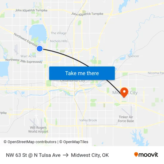 NW 63 St @ N Tulsa Ave to Midwest City, OK map