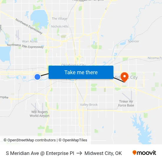 S Meridian Ave @ Enterprise Pl to Midwest City, OK map