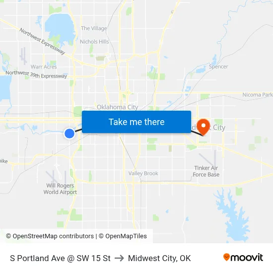 S Portland Ave @ SW 15 St to Midwest City, OK map