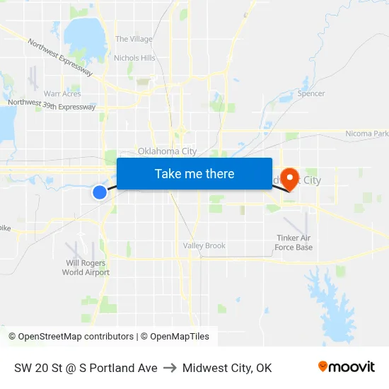 SW 20 St @ S Portland Ave to Midwest City, OK map