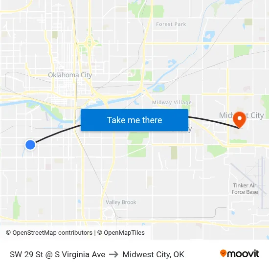 SW 29 St @ S Virginia Ave to Midwest City, OK map