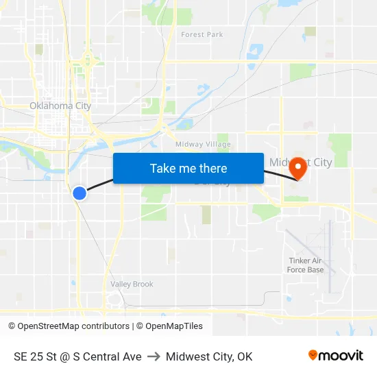 SE 25 St @ S Central Ave to Midwest City, OK map