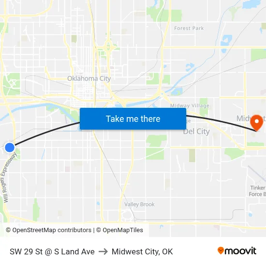 SW 29 St @ S Land Ave to Midwest City, OK map