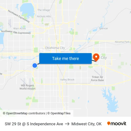 SW 29 St @ S Independence Ave to Midwest City, OK map