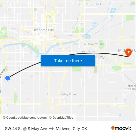 SW 44 St @ S May Ave to Midwest City, OK map
