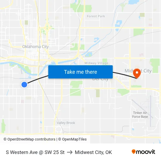 S Western Ave @ SW 25 St to Midwest City, OK map