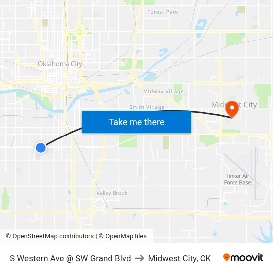 S Western Ave @ SW Grand Blvd to Midwest City, OK map
