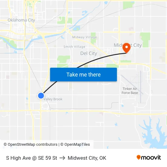 S High Ave @ SE 59 St to Midwest City, OK map