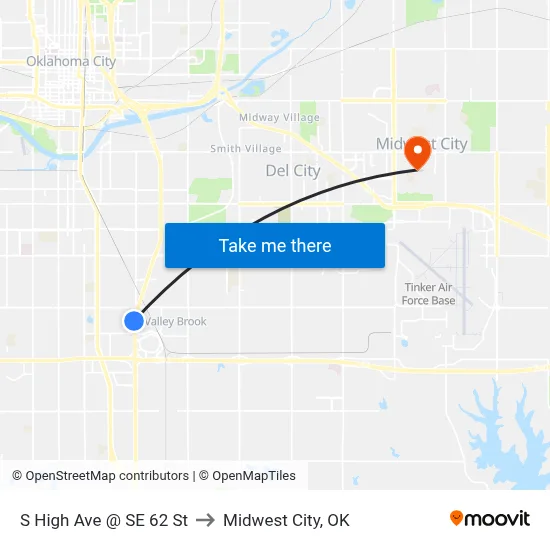 S High Ave @ SE 62 St to Midwest City, OK map