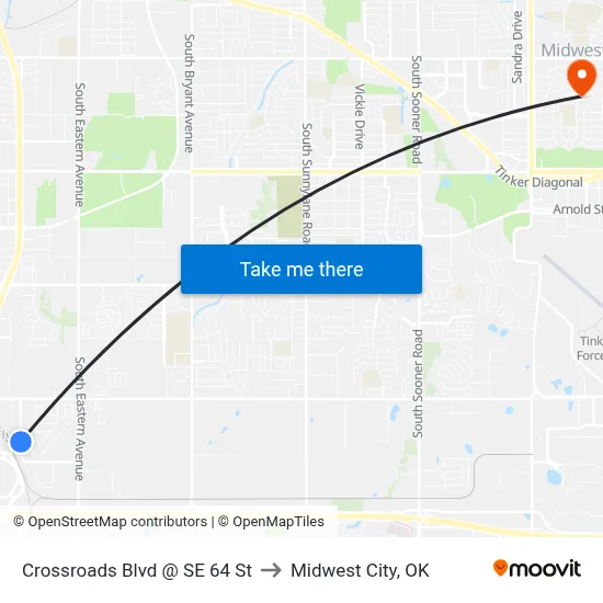 Crossroads Blvd @ SE 64 St to Midwest City, OK map