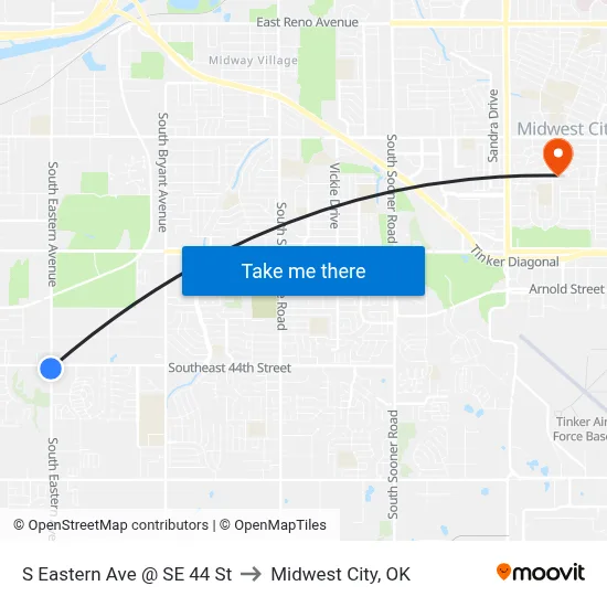 S Eastern Ave @ SE 44 St to Midwest City, OK map