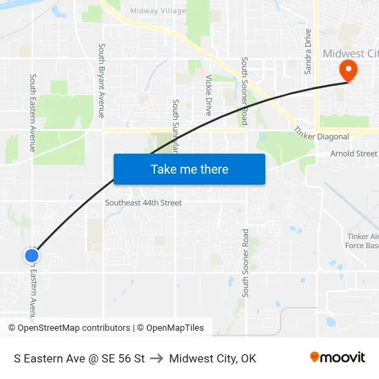 S Eastern Ave @ SE 56 St to Midwest City, OK map