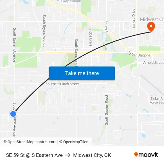 SE 59 St @ S Eastern Ave to Midwest City, OK map